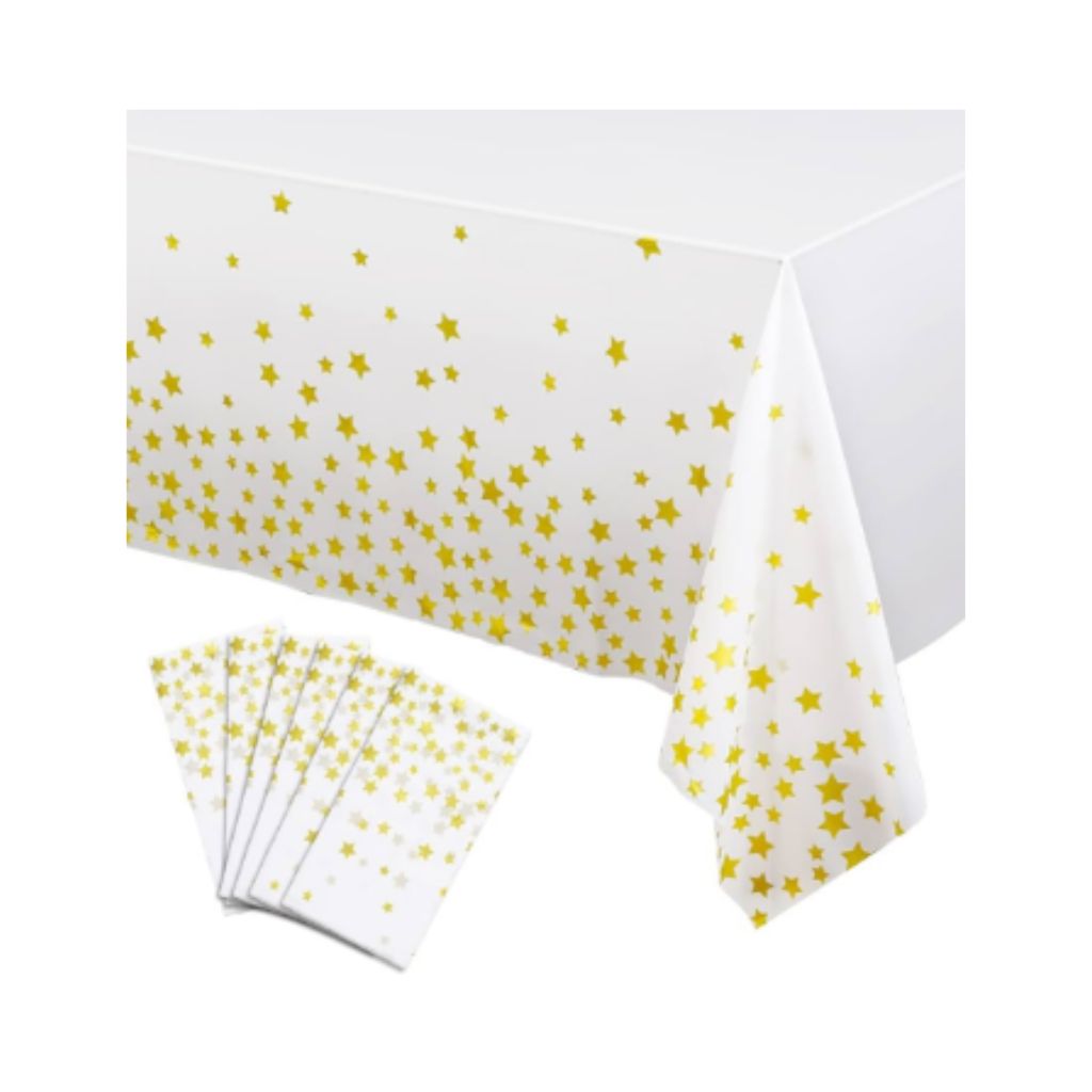 MANTEL RECTANGULAR BLANCO ESTRELLAS DORADAS 137X183 CM.