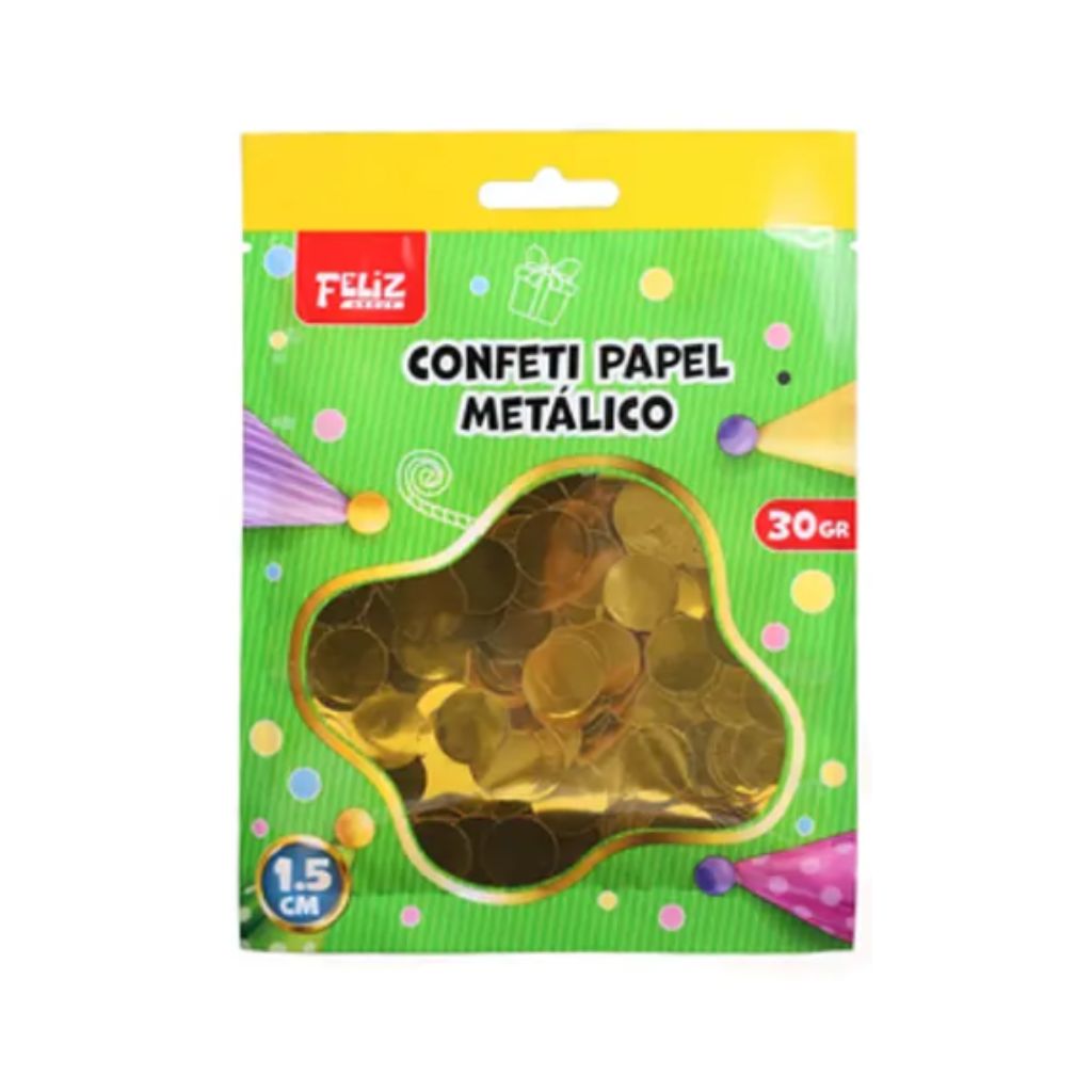 CONFETI PAPEL METÁLICO CIRCULO DORADO 1.5 CM. 30 GR.