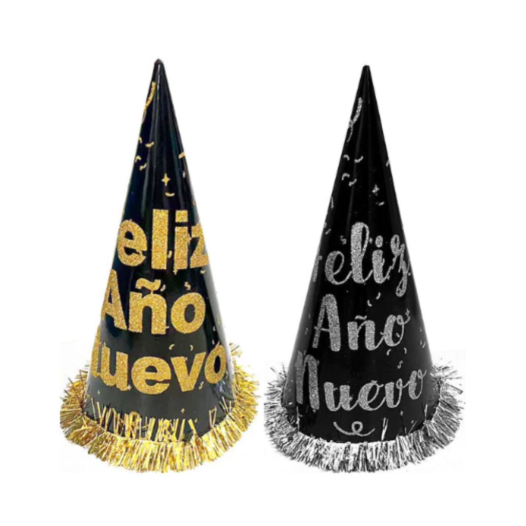 GORRO CONO FELIZ AÑO NUEVO DORADO/PLATEADO